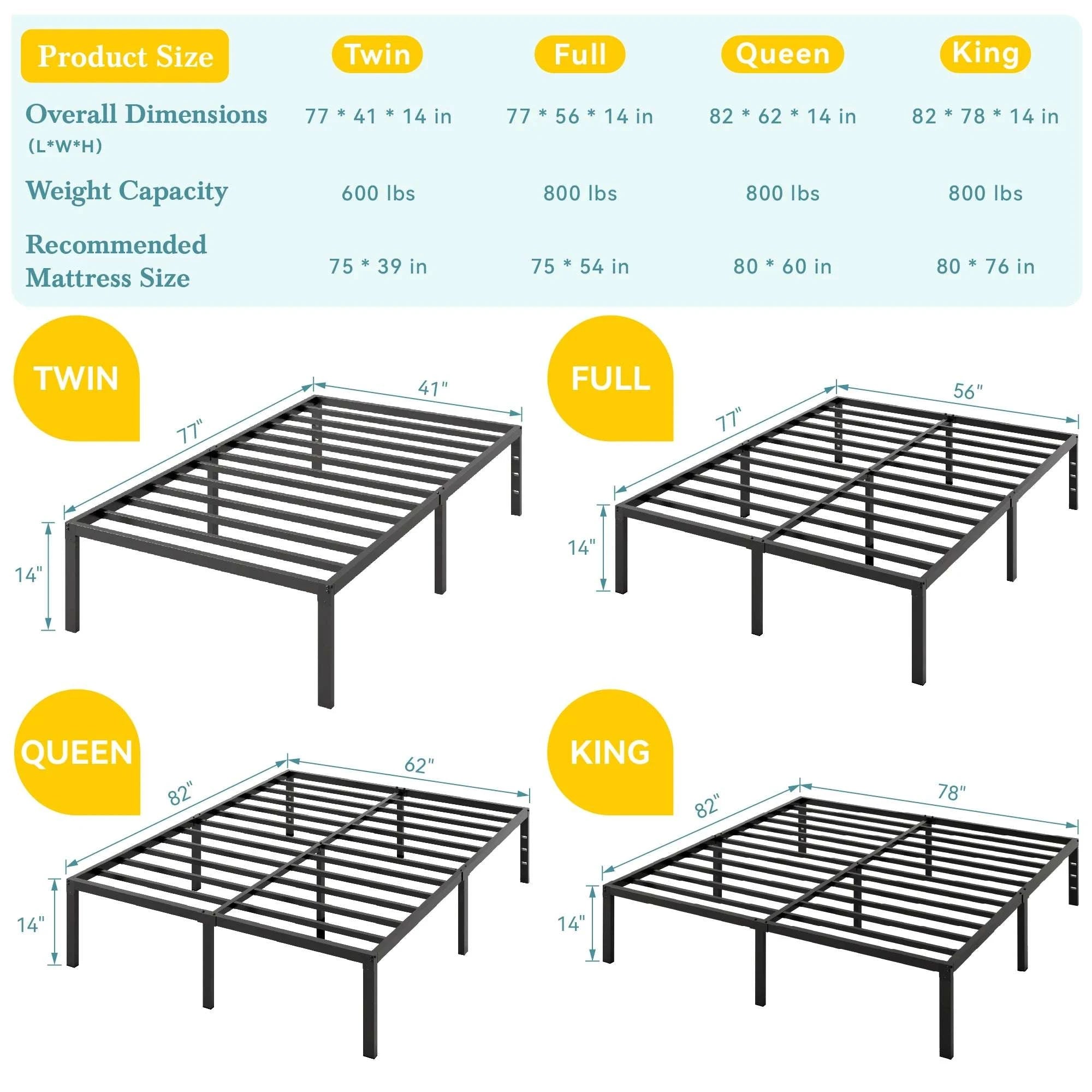 Heavy-Duty Metal Bed Frame with 14" Storage, No Box Spring-Black / King / United States
