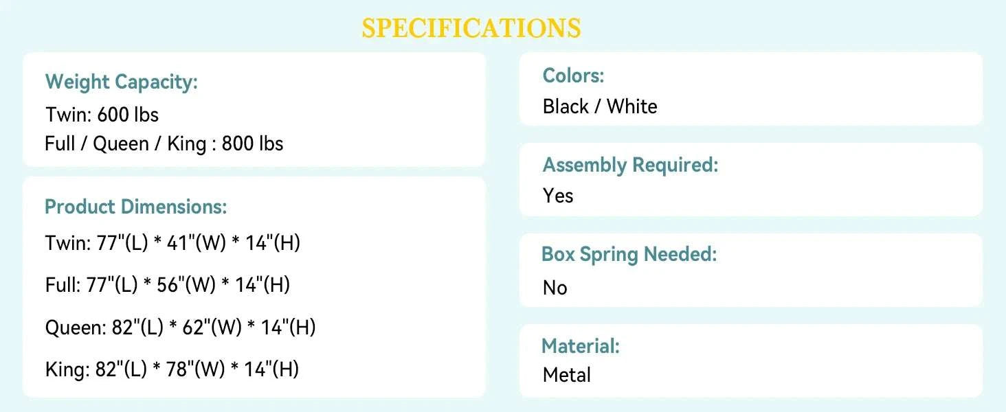 Heavy-Duty Metal Bed Frame with 14" Storage, No Box Spring-Black / King / United States