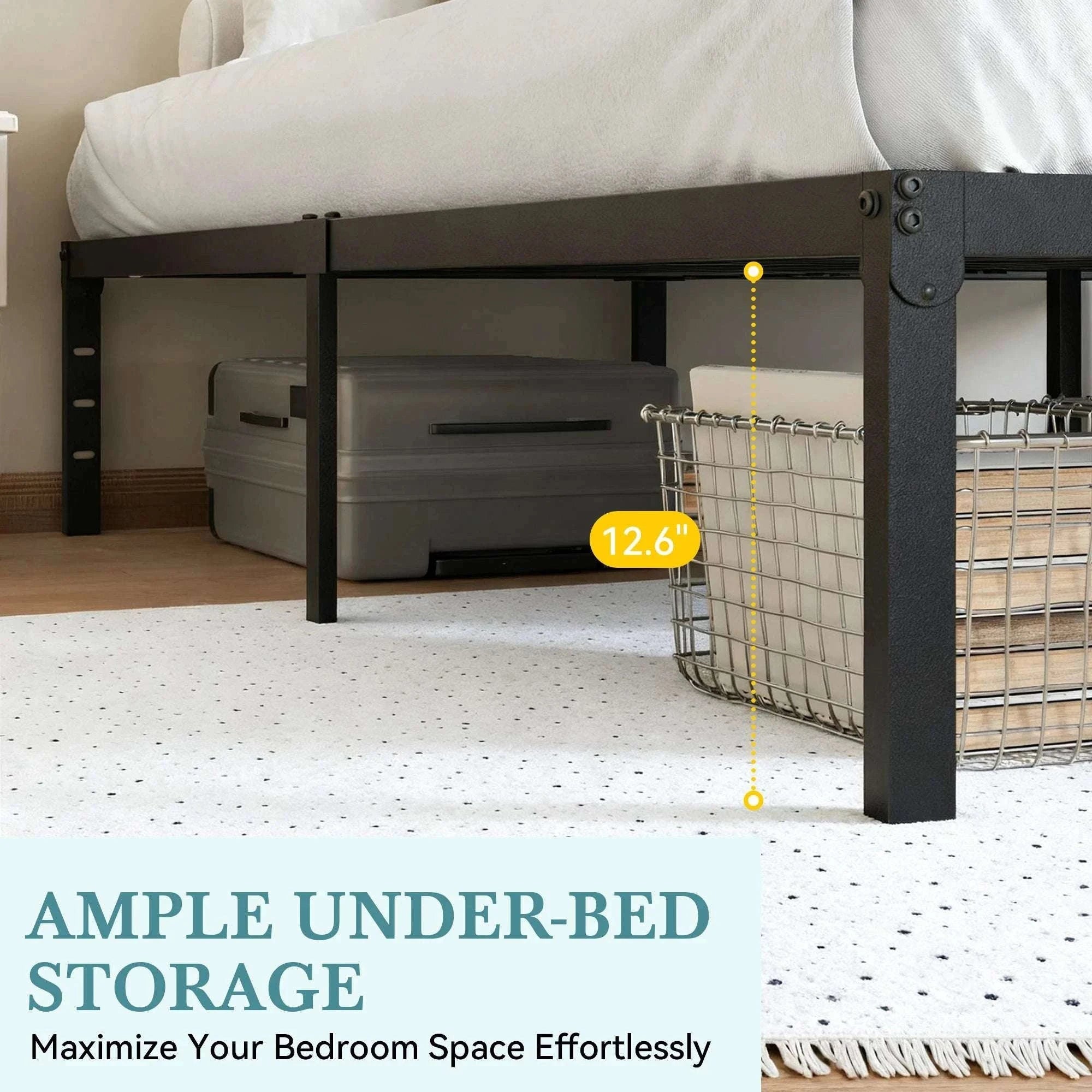 Heavy-Duty Metal Bed Frame with 14" Storage, No Box Spring-Black / King / United States