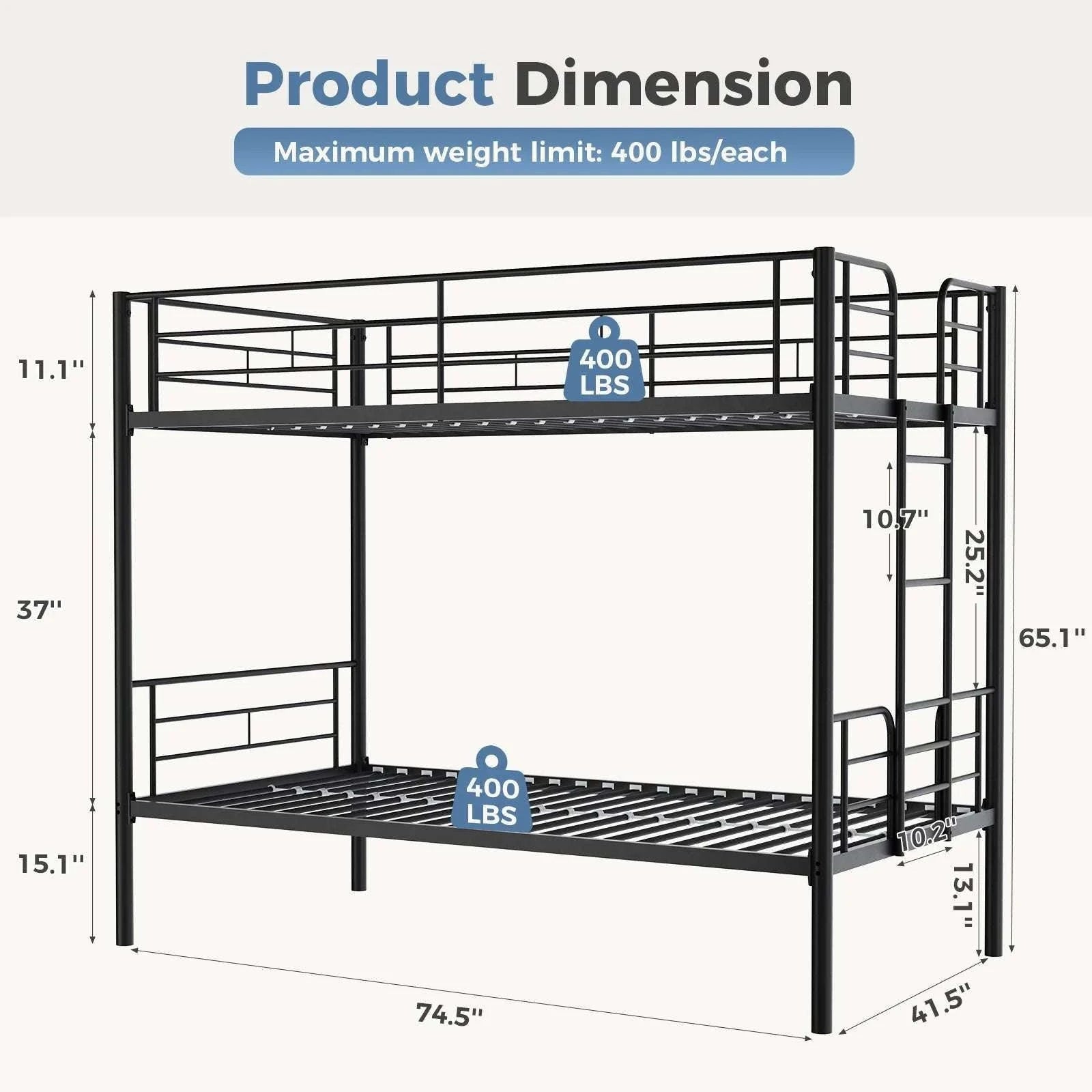 Heavy Duty Metal Bunk Bed Frame with Ladder & Guardrails-Ivory / United States