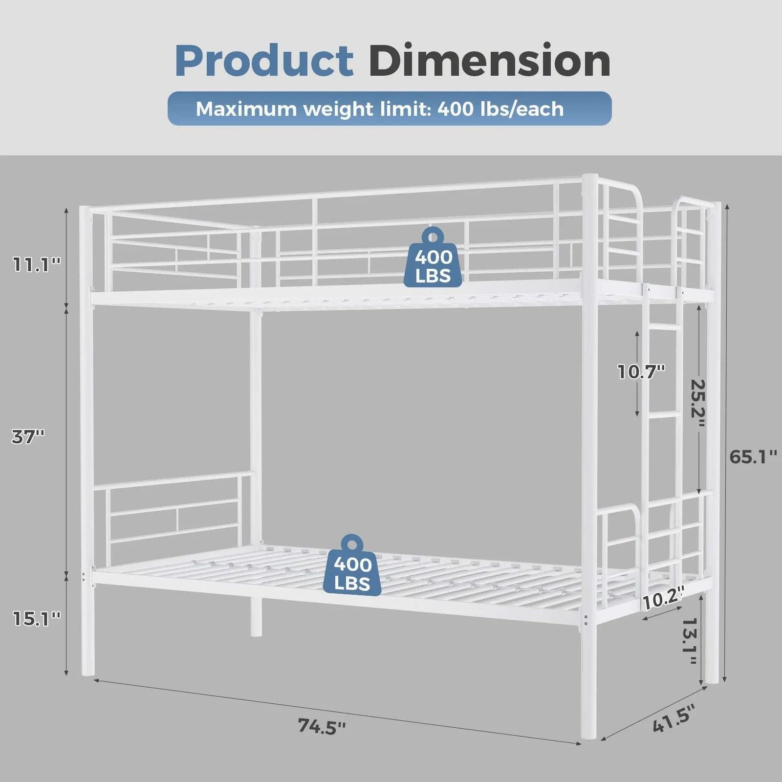 Heavy Duty Metal Bunk Bed Frame with Ladder & Guardrails-Ivory / United States