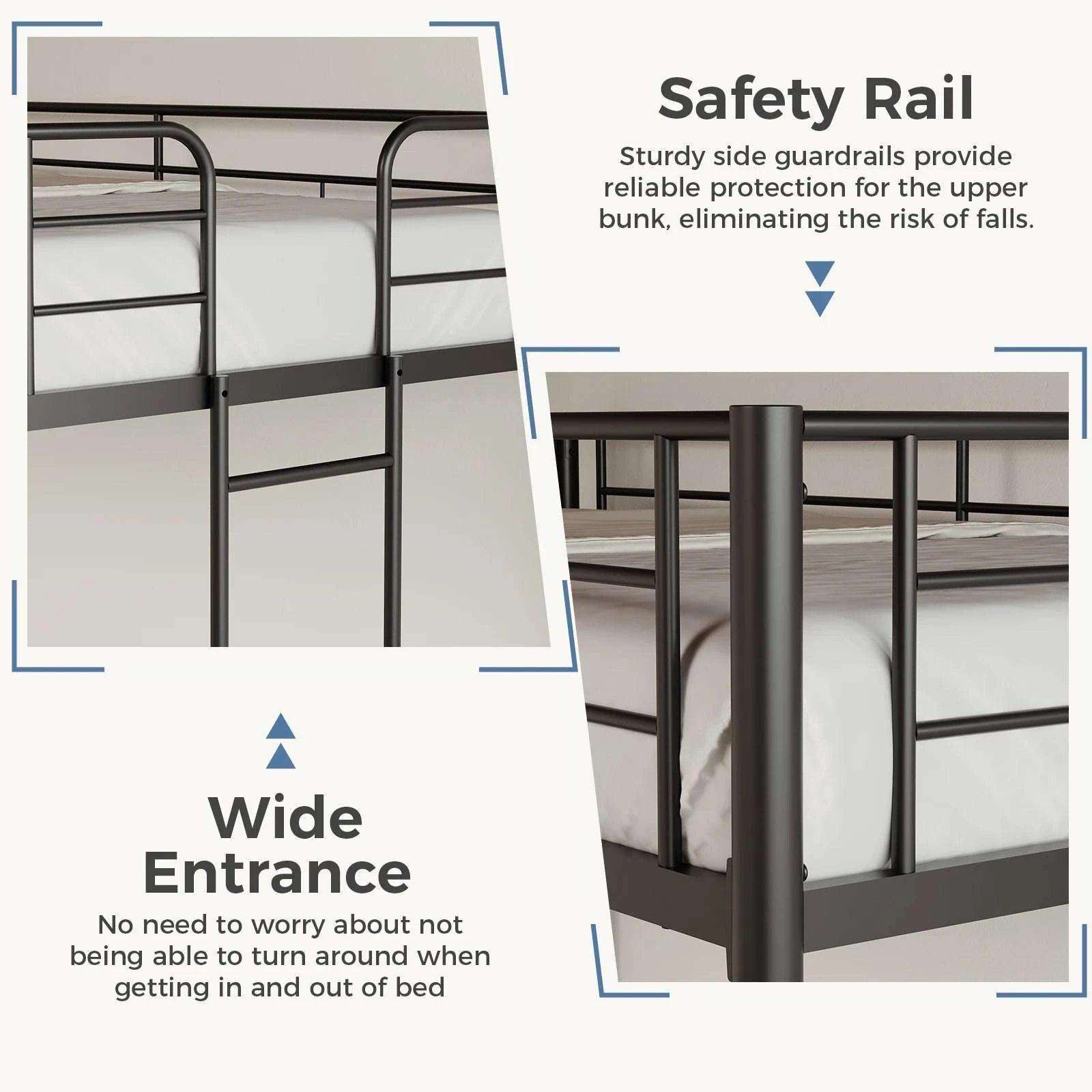 Heavy Duty Metal Bunk Bed Frame with Ladder & Guardrails-Ivory / United States