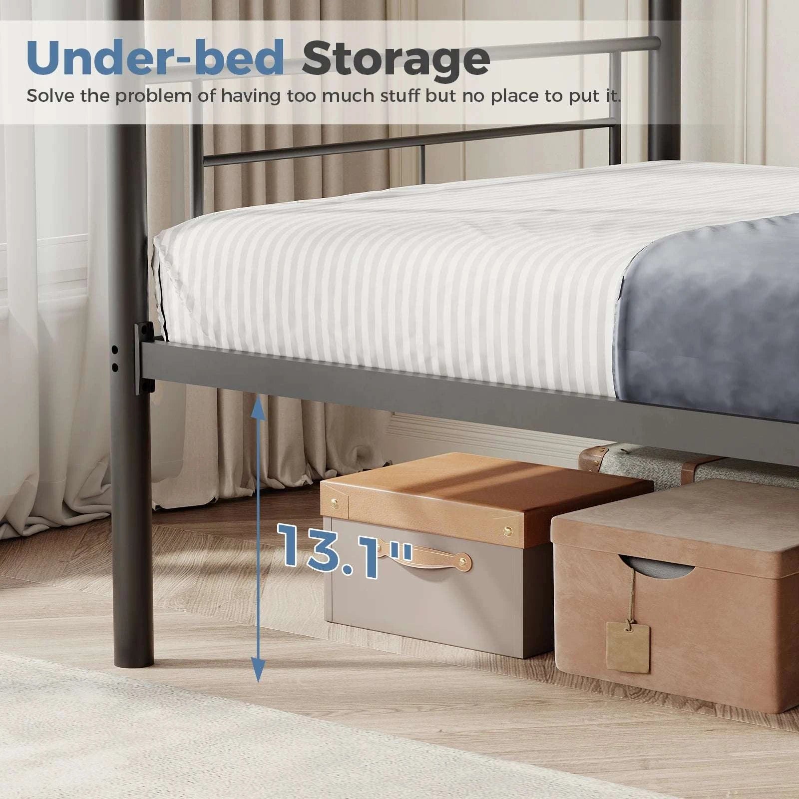 Heavy Duty Metal Bunk Bed Frame with Ladder & Guardrails-Ivory / United States