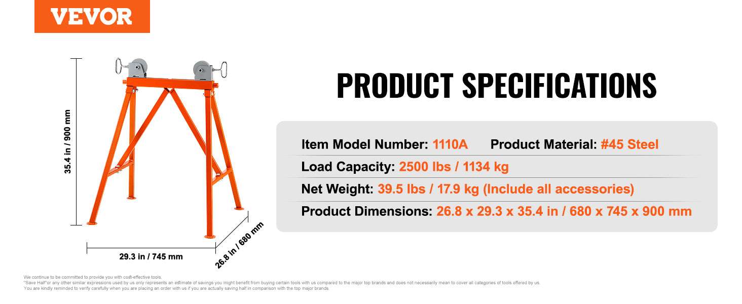 Heavy Duty Pipe Stand with Roller Head 2500 lb Capacity Adjustable 2–36 in-Pipe Stand / GERMANY