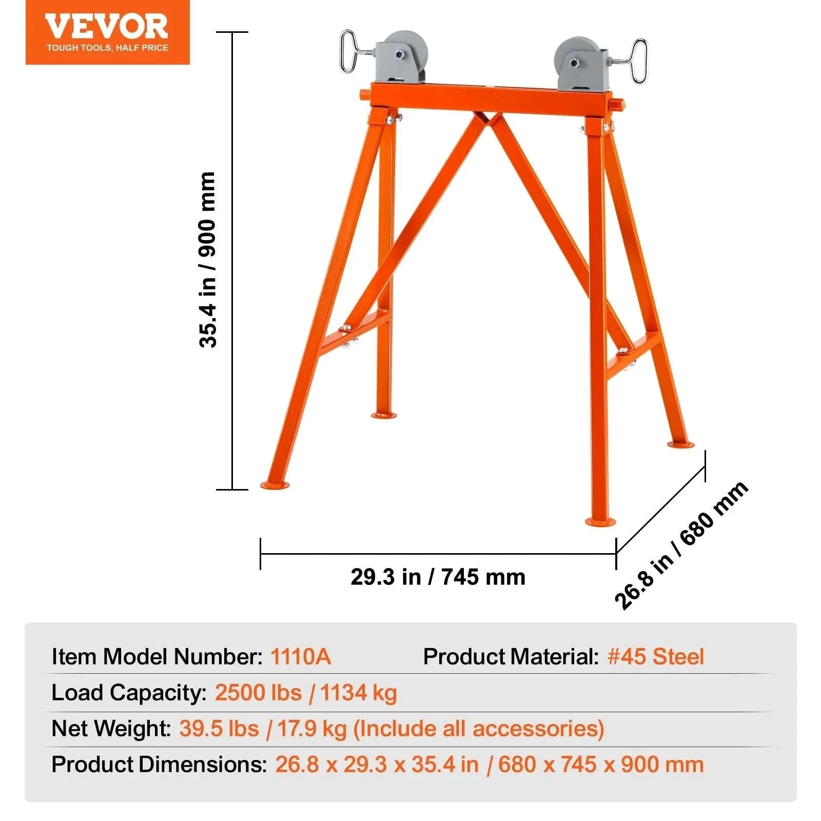 Heavy Duty Pipe Stand with Roller Head 2500 lb Capacity Adjustable 2–36 in-Pipe Stand / GERMANY