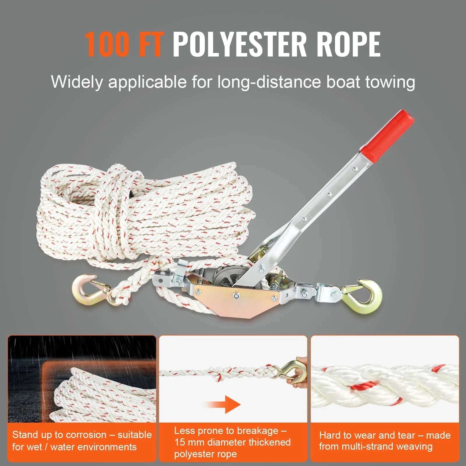 Heavy Duty Rope Puller 1653 lbs with 100 ft Rope & Dual Hooks-0.75T100ft / GERMANY