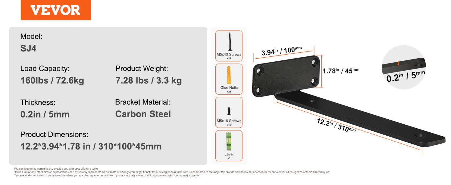 Heavy Duty Shelf Brackets Matte Black Steel-12x1.6x1.6in 6pcs / United States