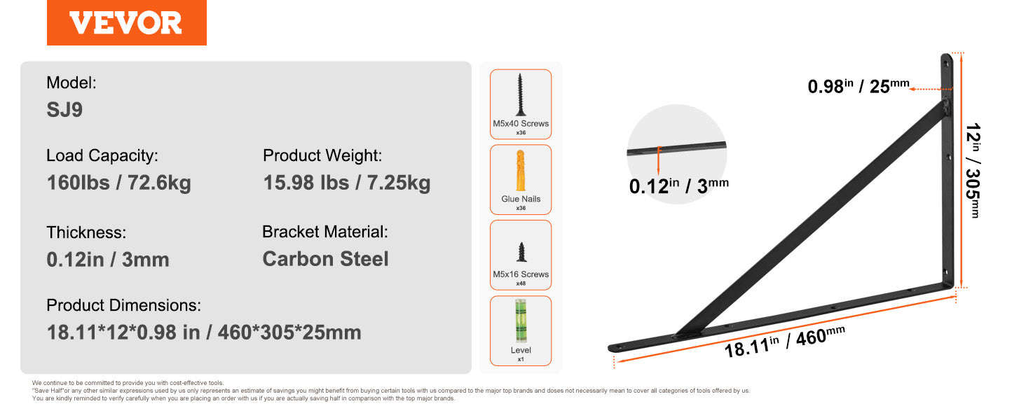 Heavy Duty Shelf Brackets Matte Black Steel-12x1.6x1.6in 6pcs / United States