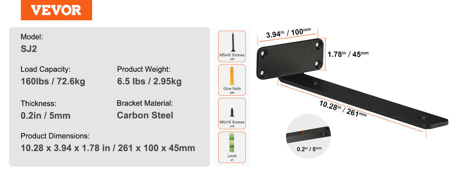 Heavy Duty Shelf Brackets Matte Black Steel-12x1.6x1.6in 6pcs / United States