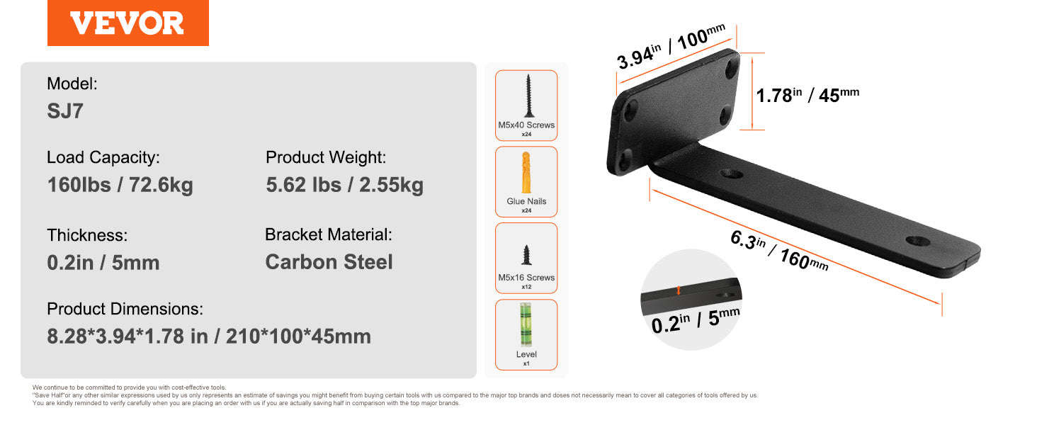 Heavy Duty Shelf Brackets Matte Black Steel-12x1.6x1.6in 6pcs / United States