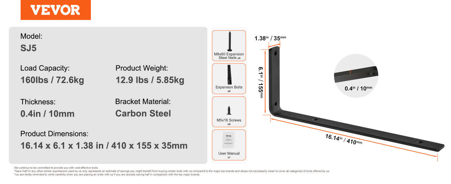 Heavy Duty Shelf Brackets Matte Black Steel-12x1.6x1.6in 6pcs / United States