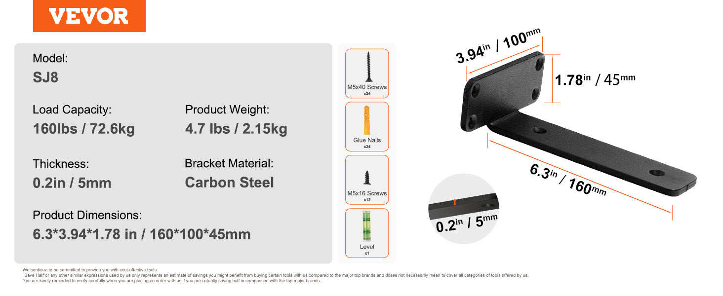Heavy Duty Shelf Brackets Matte Black Steel-12x1.6x1.6in 6pcs / United States