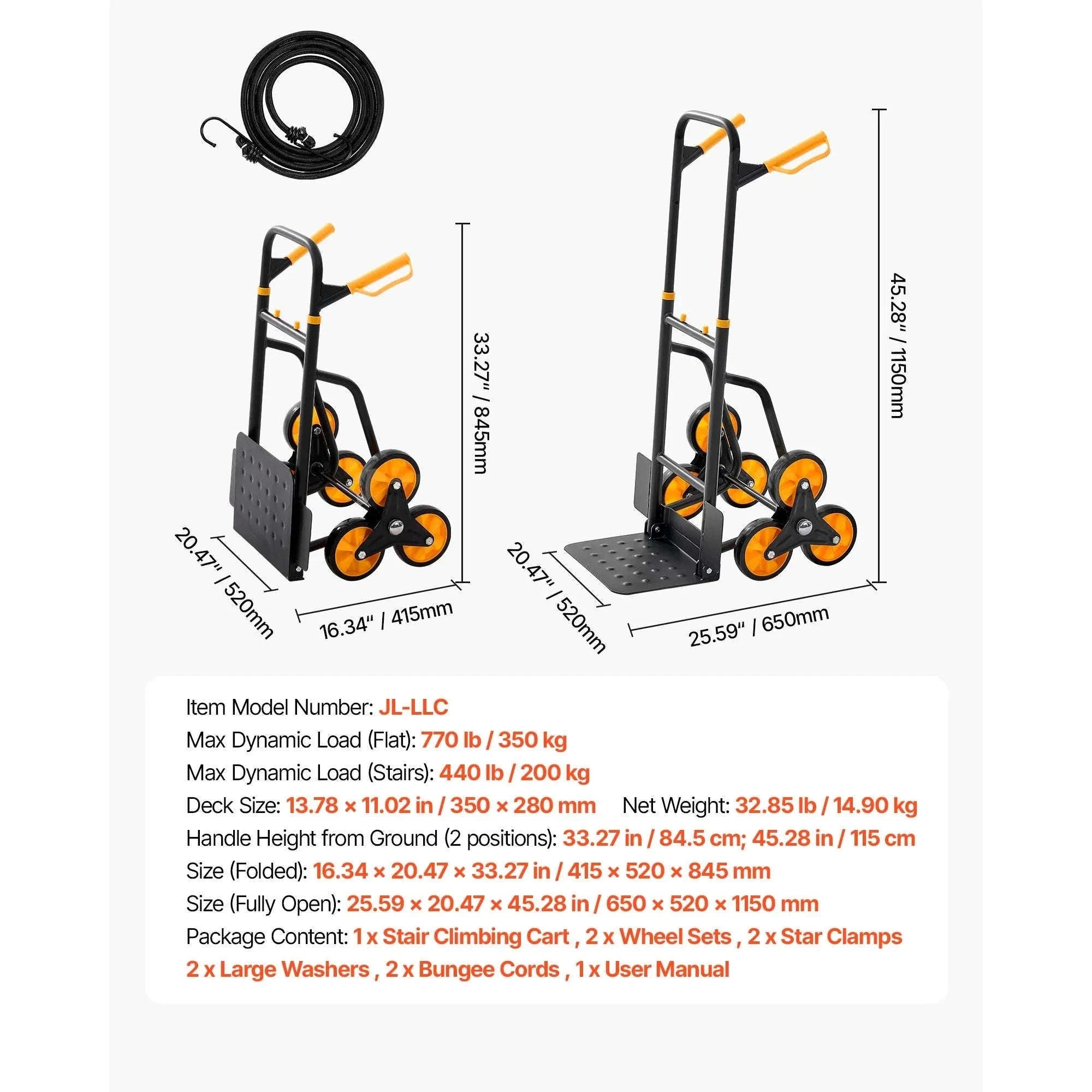 Heavy Duty Stair Climbing Cart with Telescoping Handle, 6 Wheels, 2 Bungee Cords-770lbs / france