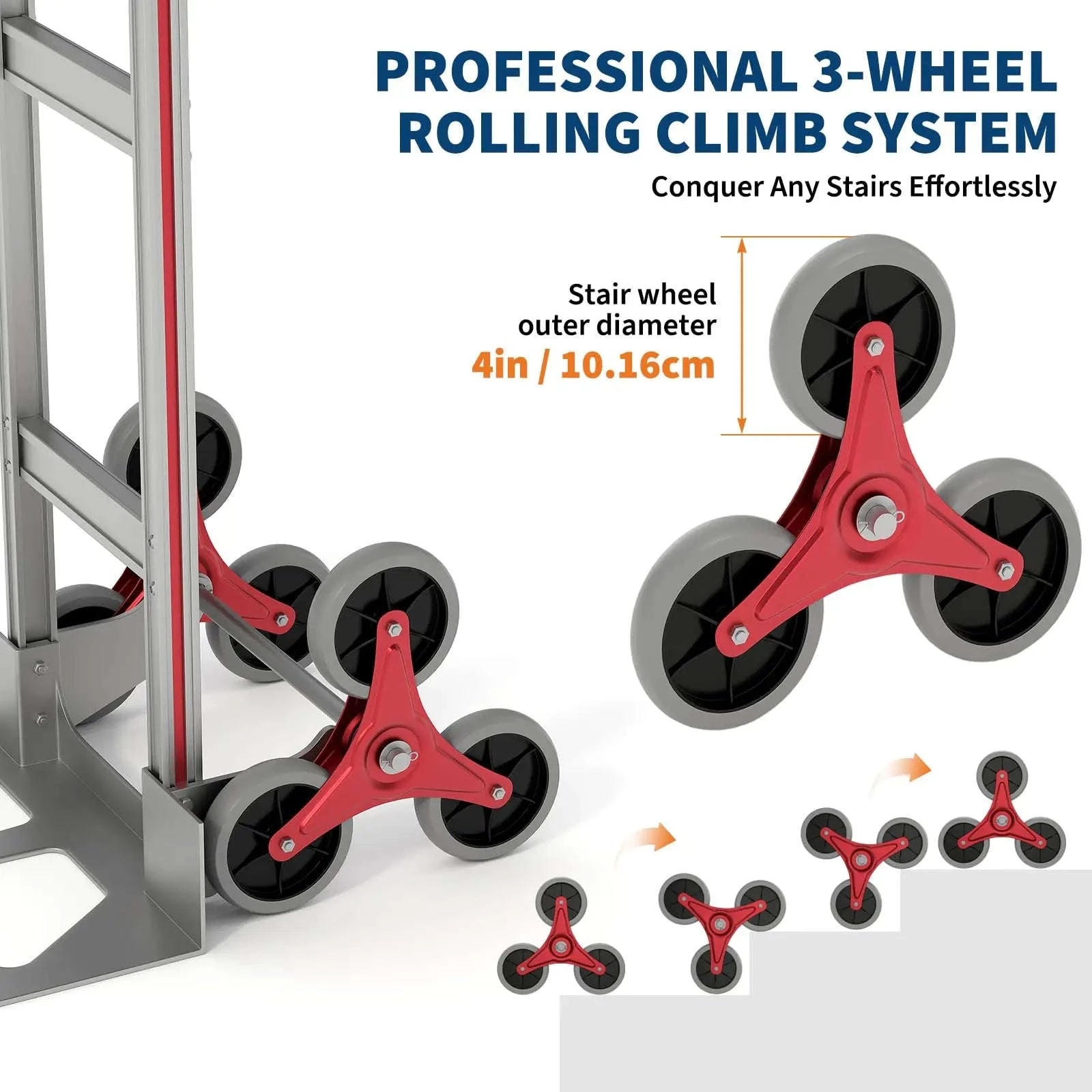 Heavy Duty Stair Climbing Hand Truck 330 lbs, Folding 6-Wheel Cart With Dual Handles, Telescopic Dolly For Moving-Silver Red / United States
