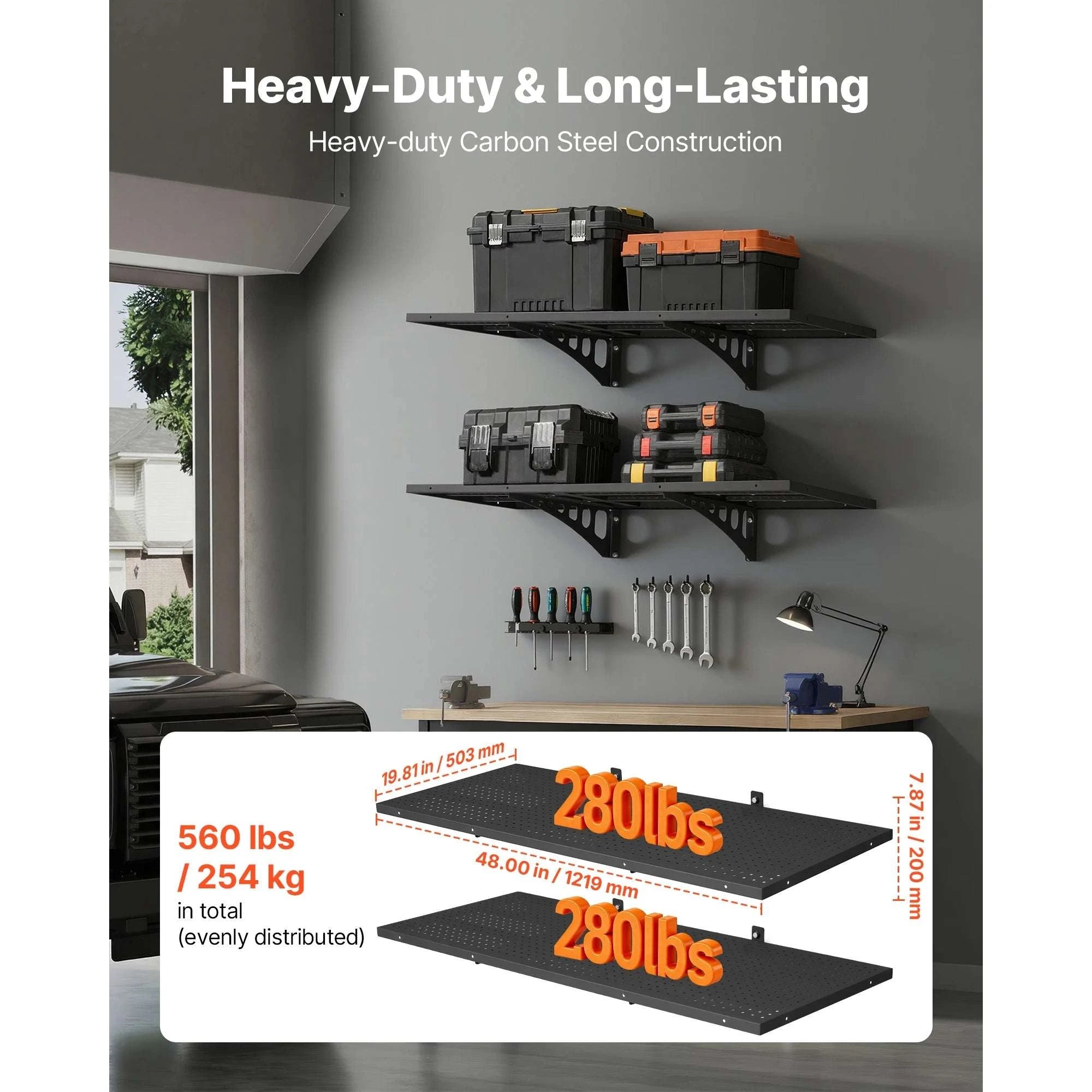 Heavy-Duty Wall Garage Shelving 2-Tier Steel Rack 280lbs Per Shelf-