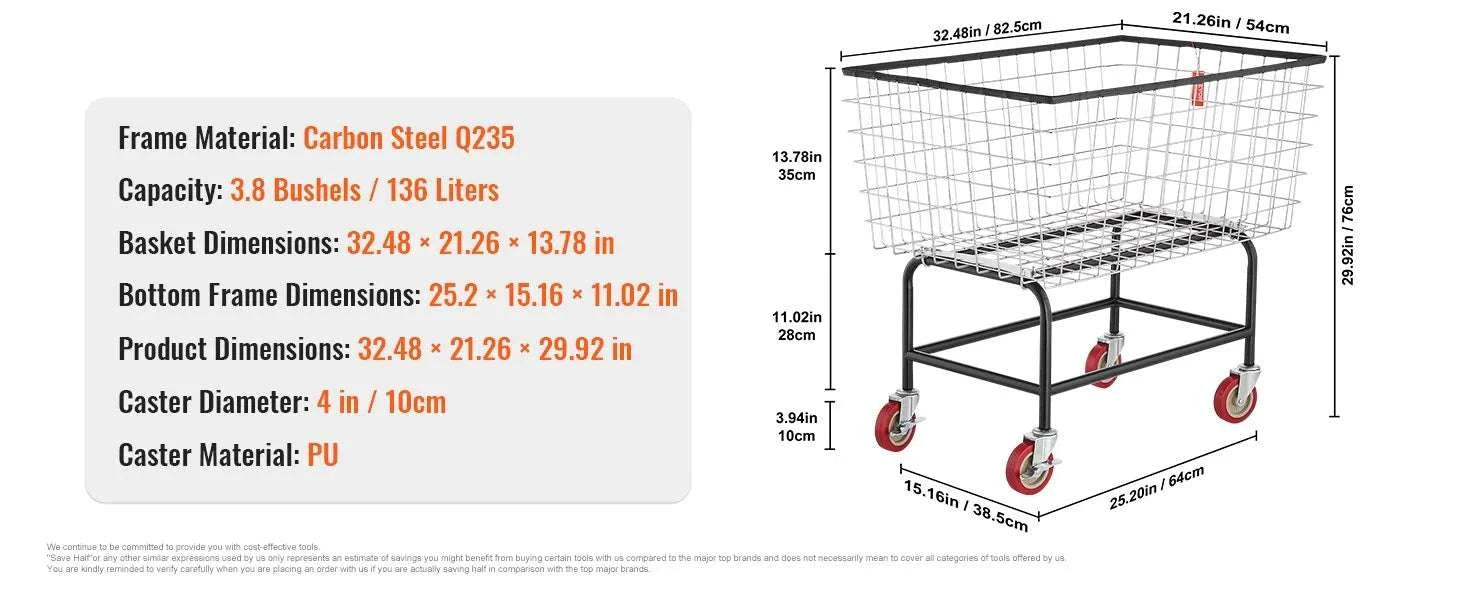 Heavy Duty Wire Laundry Cart with Wheels 2.8 Bushel Capacity-88L / United States