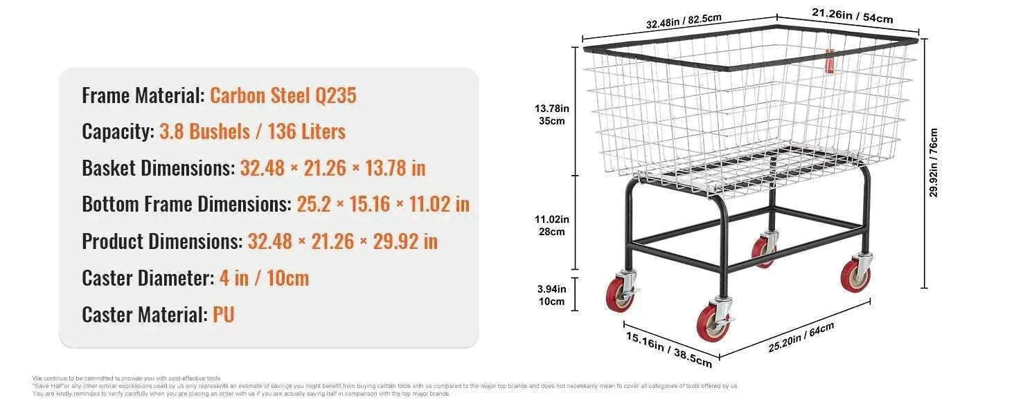 Heavy Duty Wire Laundry Cart with Wheels 2.8 Bushel Capacity-88L / United States