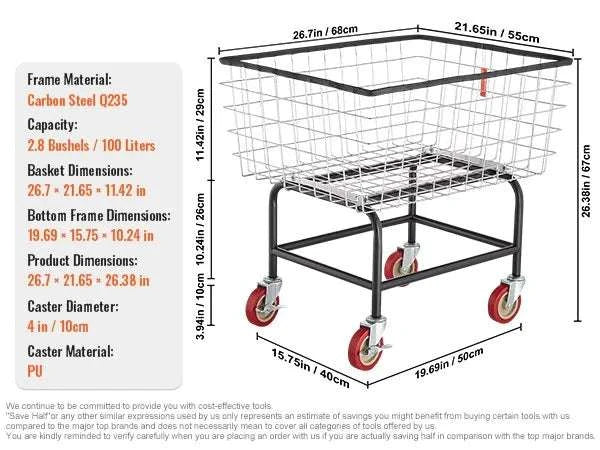 Heavy Duty Wire Laundry Cart with Wheels 2.8 Bushel Capacity-88L / United States