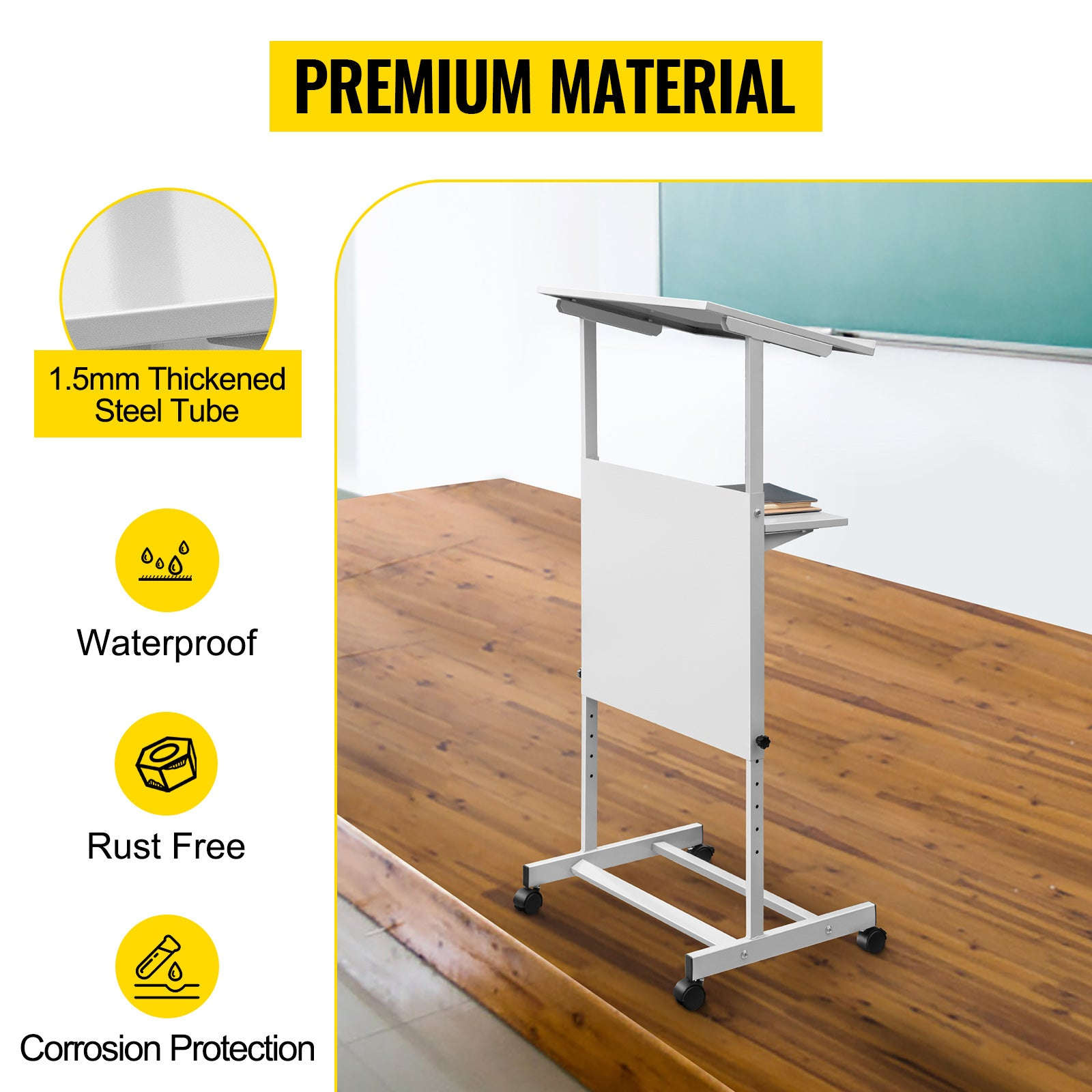 Height Adjustable Portable Standing Lectern with Casters and Storage Shelf-United States