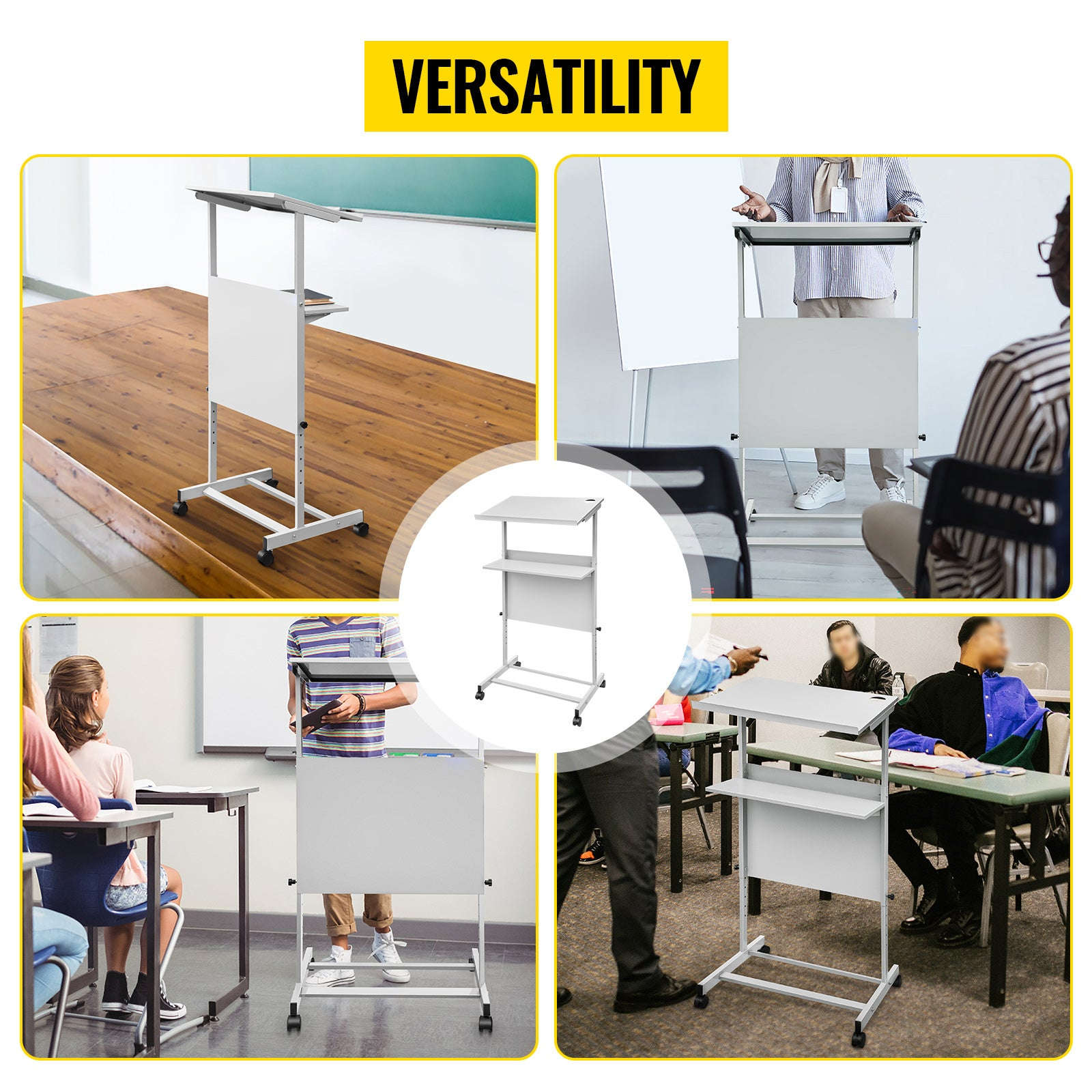 Height Adjustable Portable Standing Lectern with Casters and Storage Shelf-United States