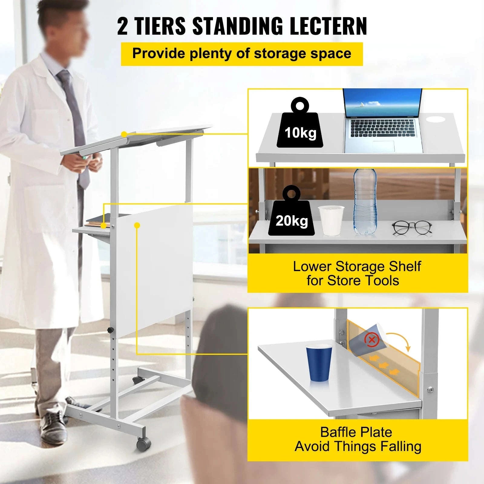 Height Adjustable Portable Standing Lectern with Casters and Storage Shelf-United States