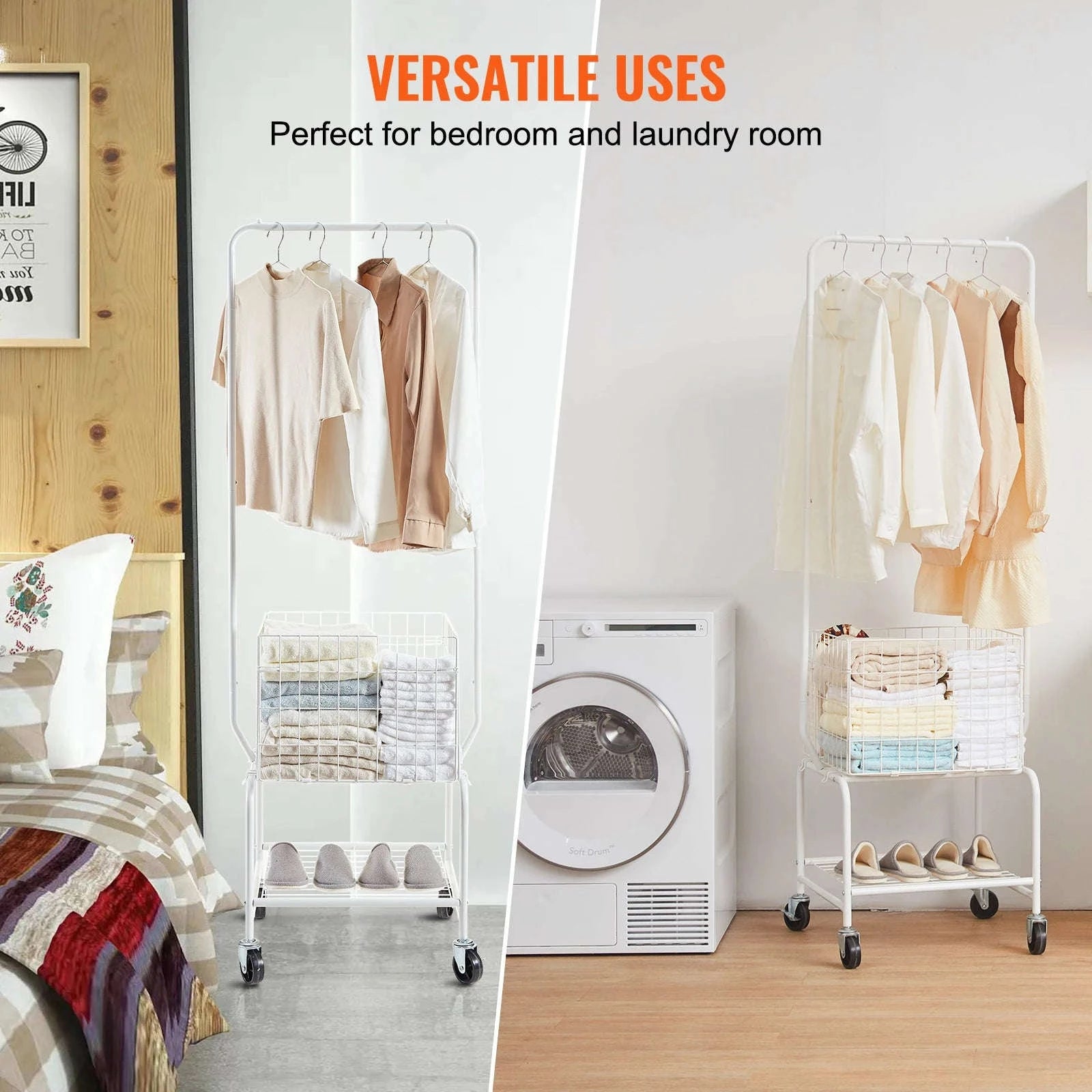 Height Adjustment Laundry Hamper Cart with Basket and Shelf Storage Organizer with Lockable Wheels-United States