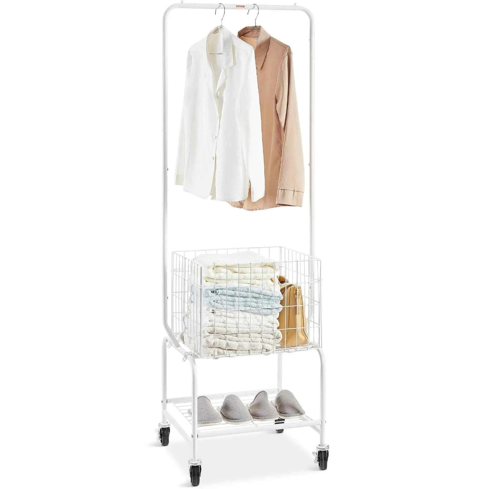 Height Adjustment Laundry Hamper Cart with Basket and Shelf Storage Organizer with Lockable Wheels-United States