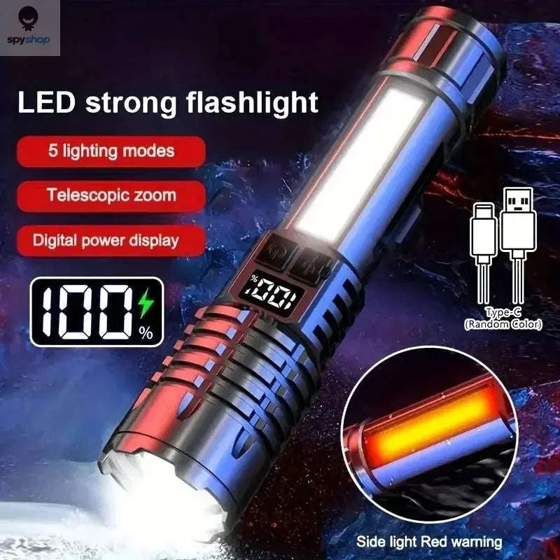 Heinast High Power LED Flashlight – Rechargeable Torch with COB Side Light and Telescopic Zoom-5 LED Flashlight-1PC