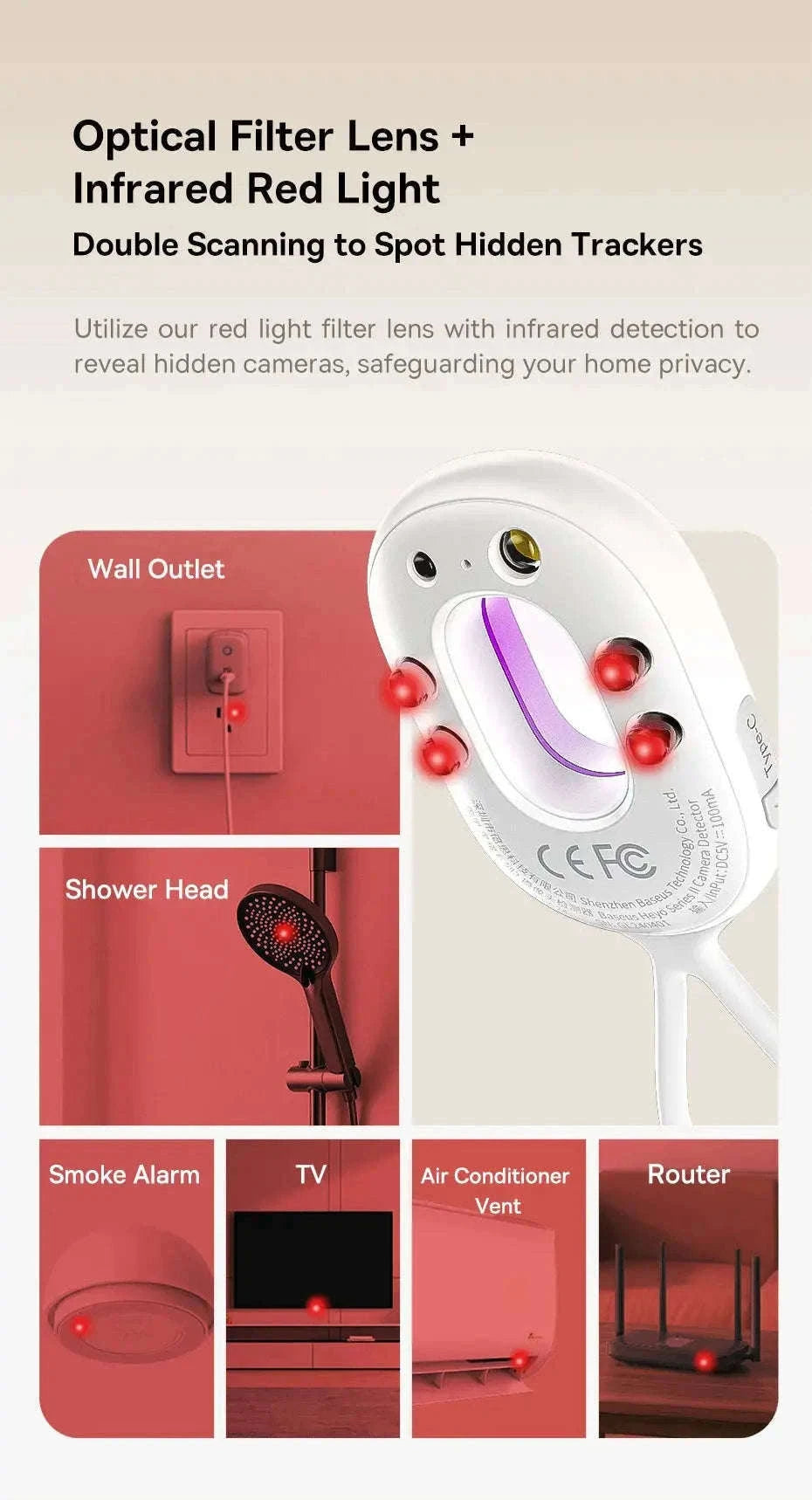 Hidden Camera Detector with Intrusion Alarm and 5m Scan-Black / CHINA