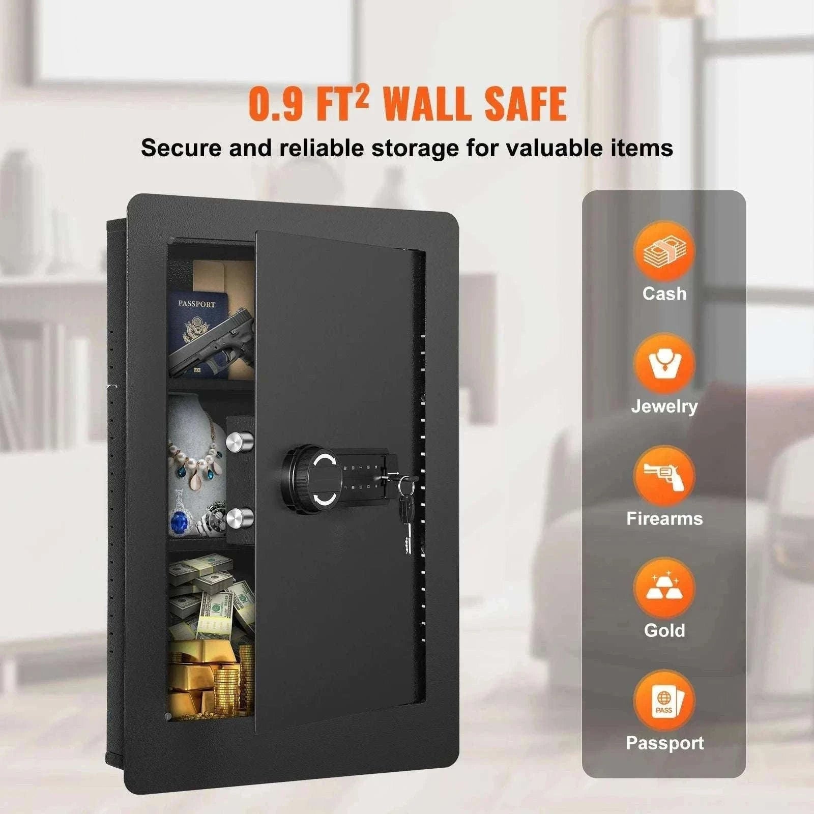 Hidden In-Wall Safe with Keypad Lock & Alarm, 3-Tier Steel Storage-1.3ft Fingerprint / United States
