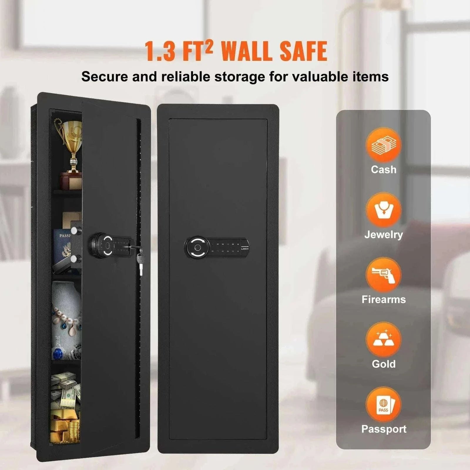 Hidden In-Wall Safe with Keypad Lock & Alarm, 3-Tier Steel Storage-1.3ft Fingerprint / United States