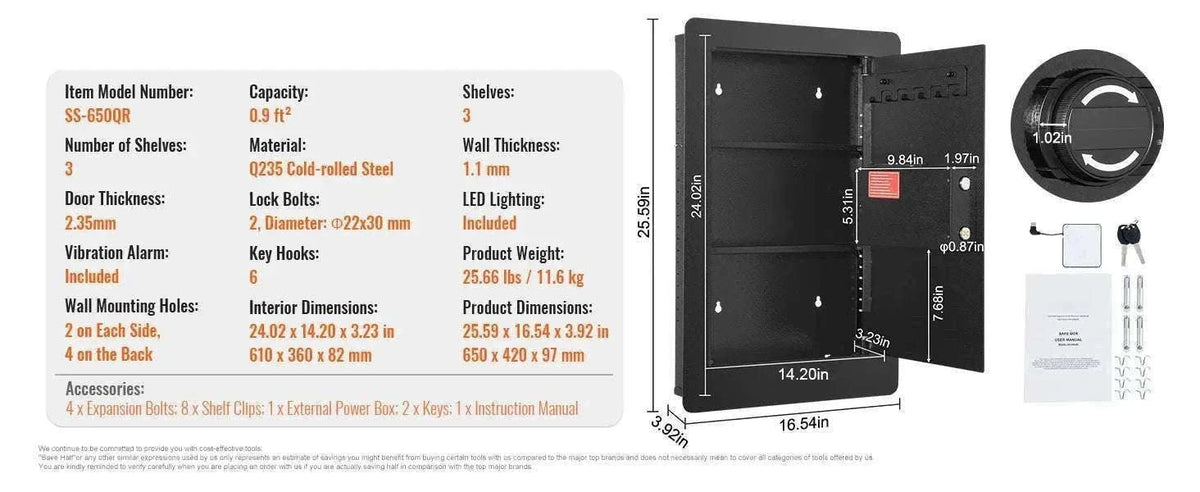 Hidden In-Wall Safe with Keypad Lock & Alarm, 3-Tier Steel Storage-1.3ft Fingerprint / United States