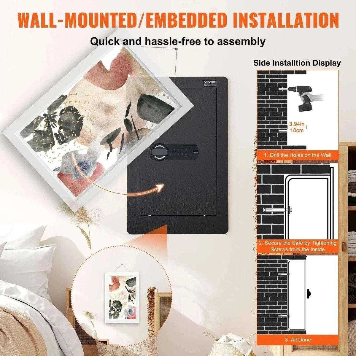 Hidden In-Wall Safe with Keypad Lock & Alarm, 3-Tier Steel Storage-1.3ft Fingerprint / United States