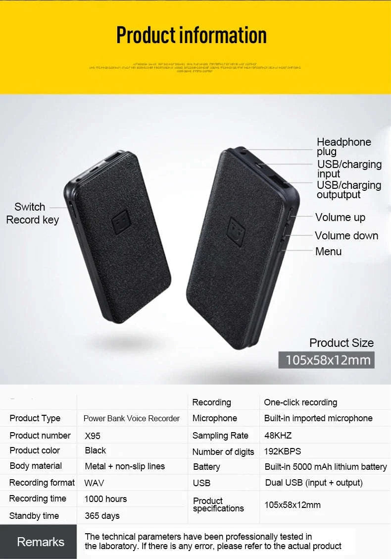 Hidden Voice Recorder Power Bank with 5000mAh and Long Recording-black / 64 GB