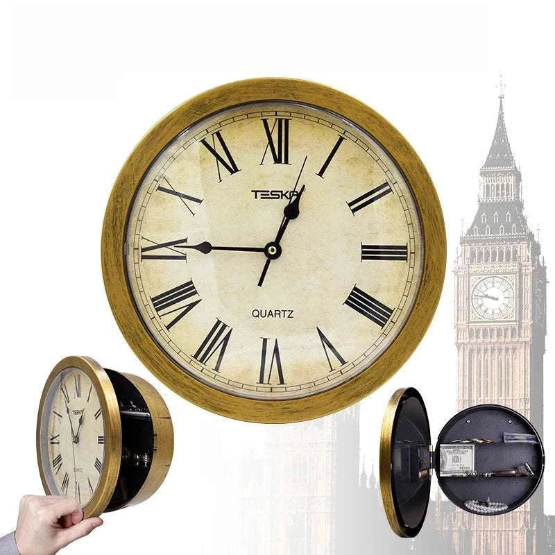 Hidden Wall Clock Safe with Secret Storage for Cash & Valuables-Vintage Gold
