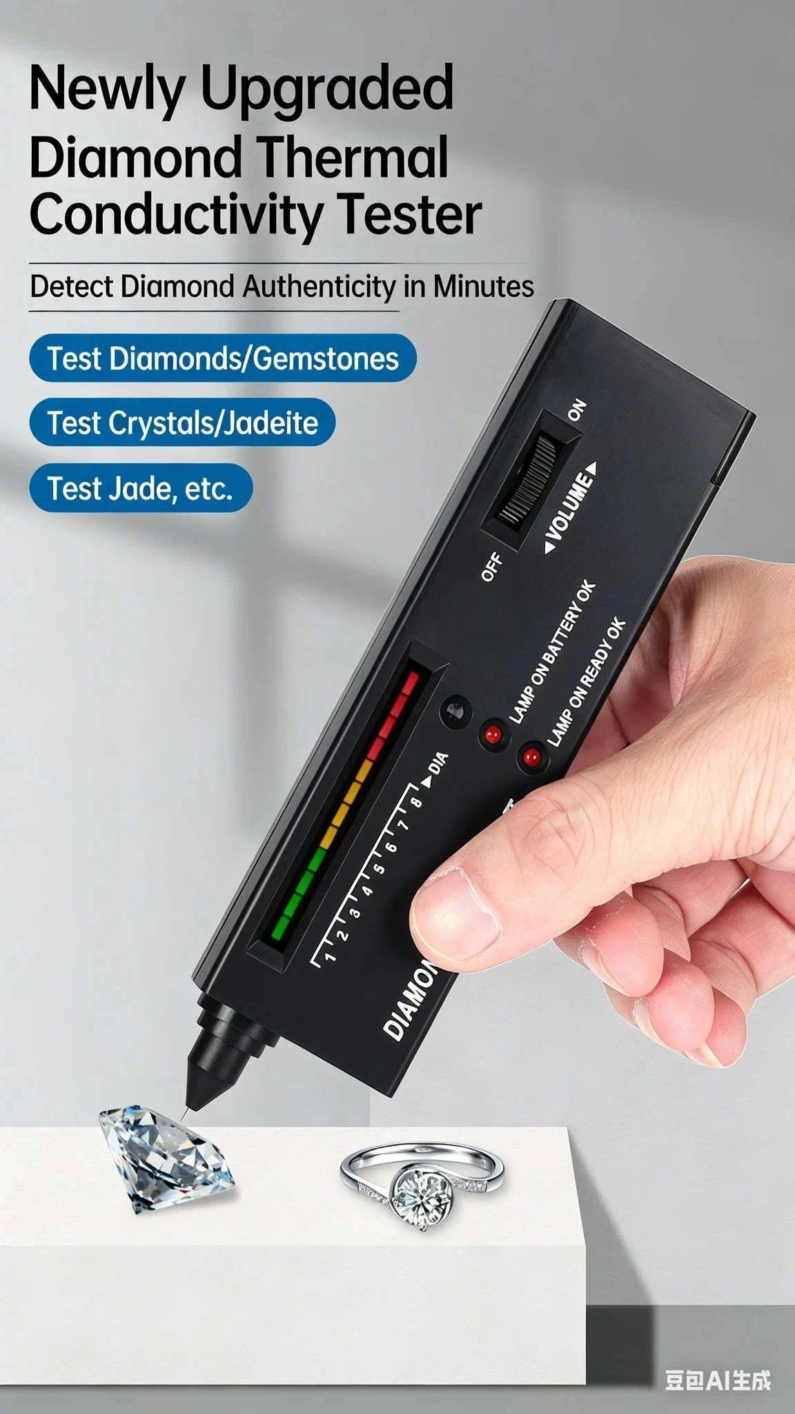 High Accuracy Diamond Tester Pen with LED & Audio Indicator Kit-Black