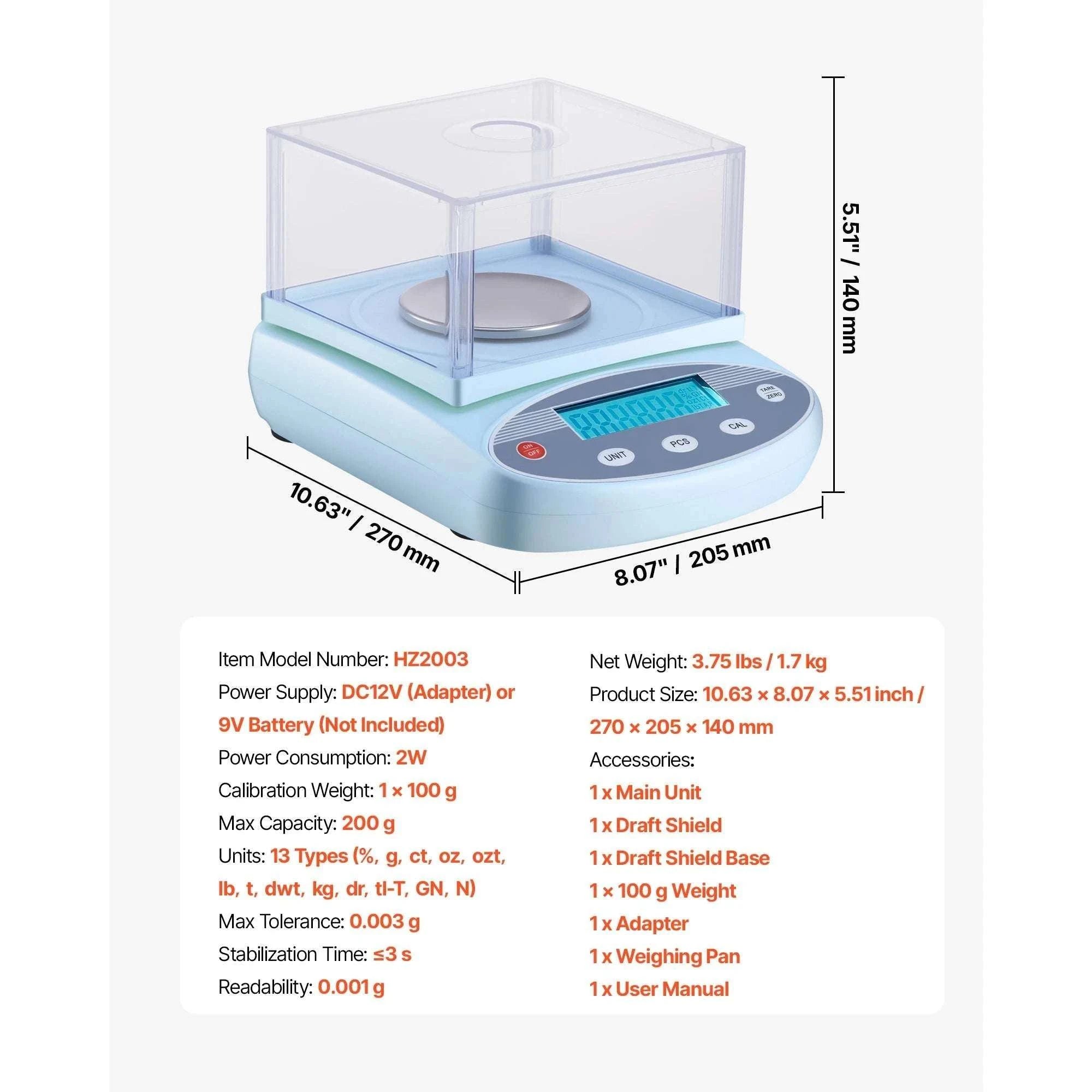 High Precision Analytical Balance 0.001g with Draft Shield-200g / United States