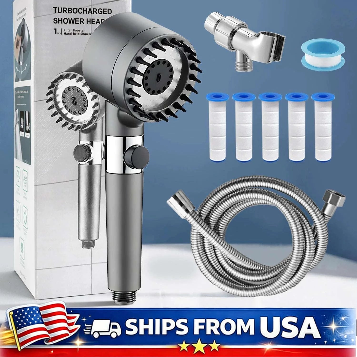 High Pressure Filtered Shower Head with 3 Spray Modes and Hose-With 5 free filters / United States