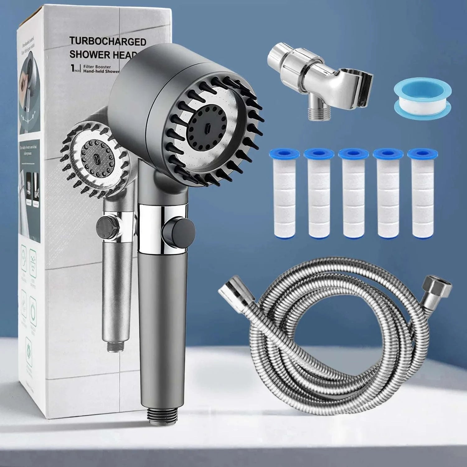High Pressure Filtered Shower Head with 3 Spray Modes and Hose-With 5 free filters / United States