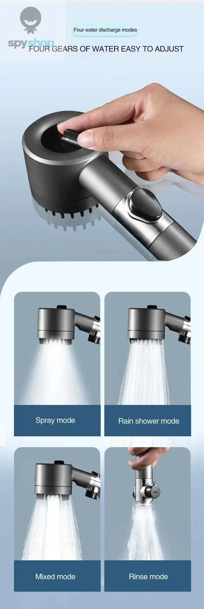 High Pressurized Filter Shower Head – Powerful Flow, 3 Modes, Built‑In Massage-Light Grey
