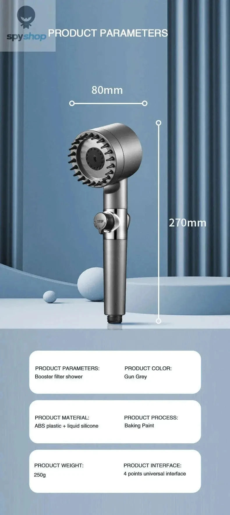 High Pressurized Filter Shower Head – Powerful Flow, 3 Modes, Built‑In Massage-Light Grey