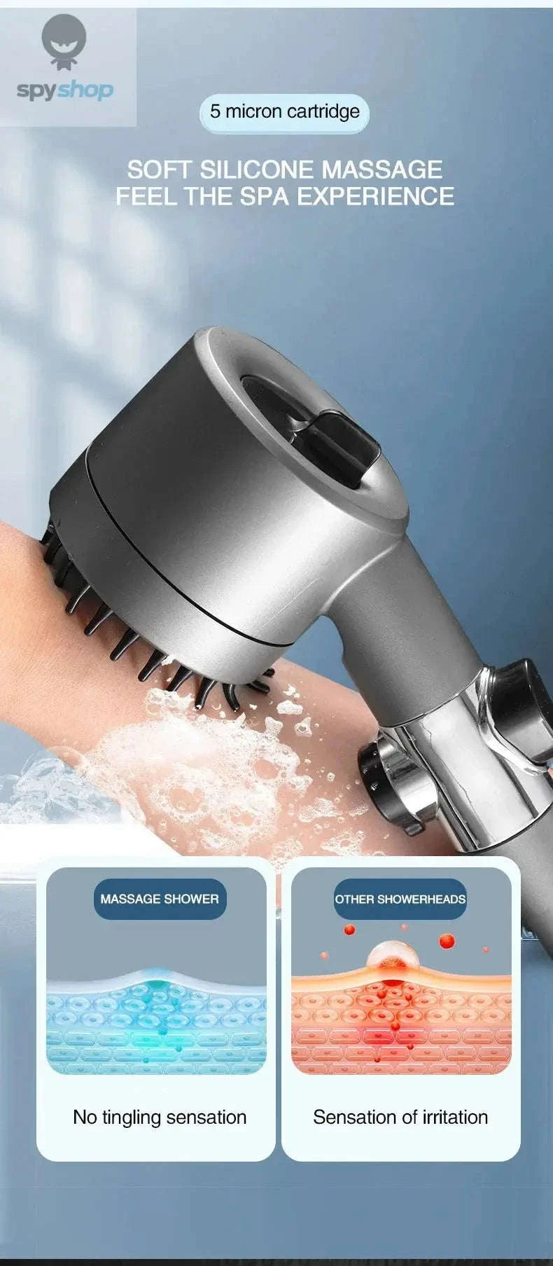 High Pressurized Filter Shower Head – Powerful Flow, 3 Modes, Built‑In Massage-Light Grey