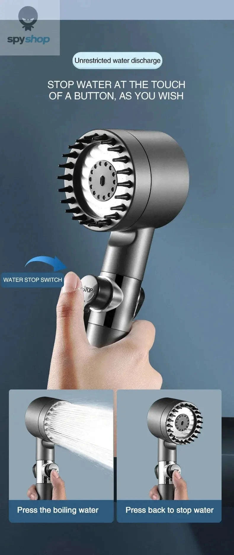 High Pressurized Filter Shower Head – Powerful Flow, 3 Modes, Built‑In Massage-Light Grey