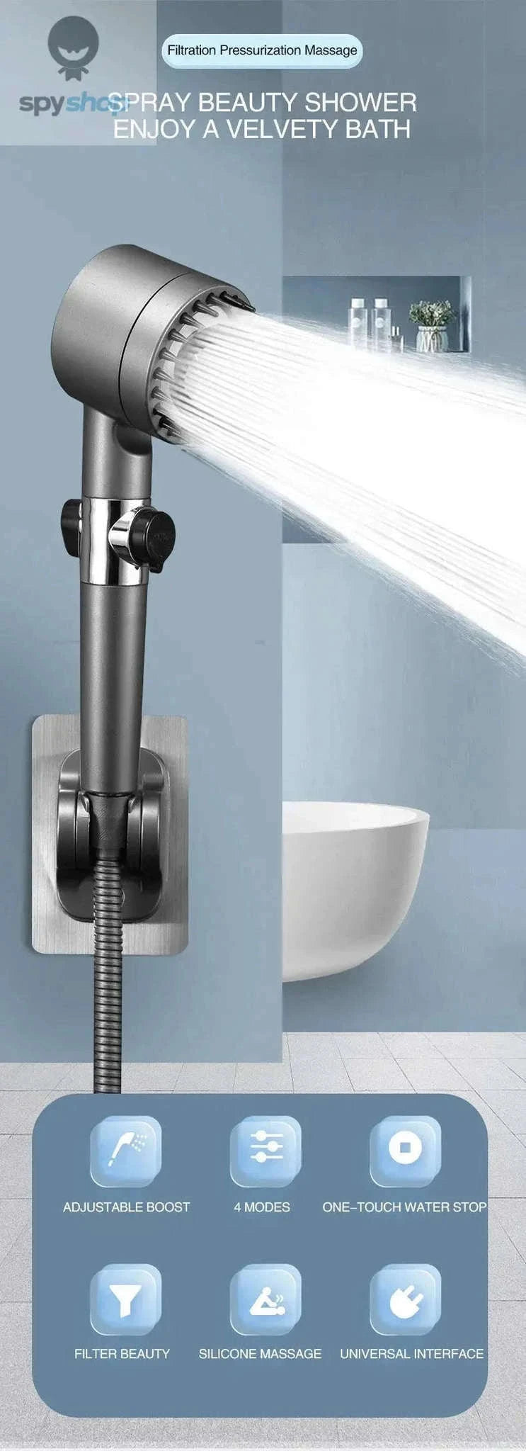 High Pressurized Filter Shower Head with 3 Modes and Massage-Light Grey