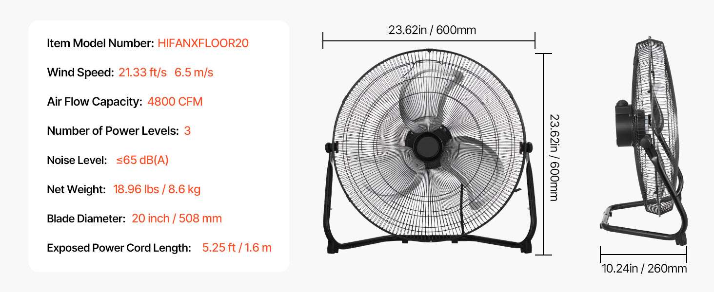 High Velocity Industrial Floor Fan 4800 CFM 3-Speed Tilt-18in 1pcs / United States