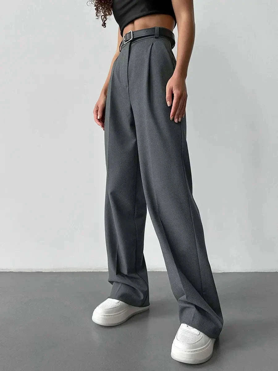 High Waist Pleated Wide Leg Work Pants with Pockets for Women-black / S