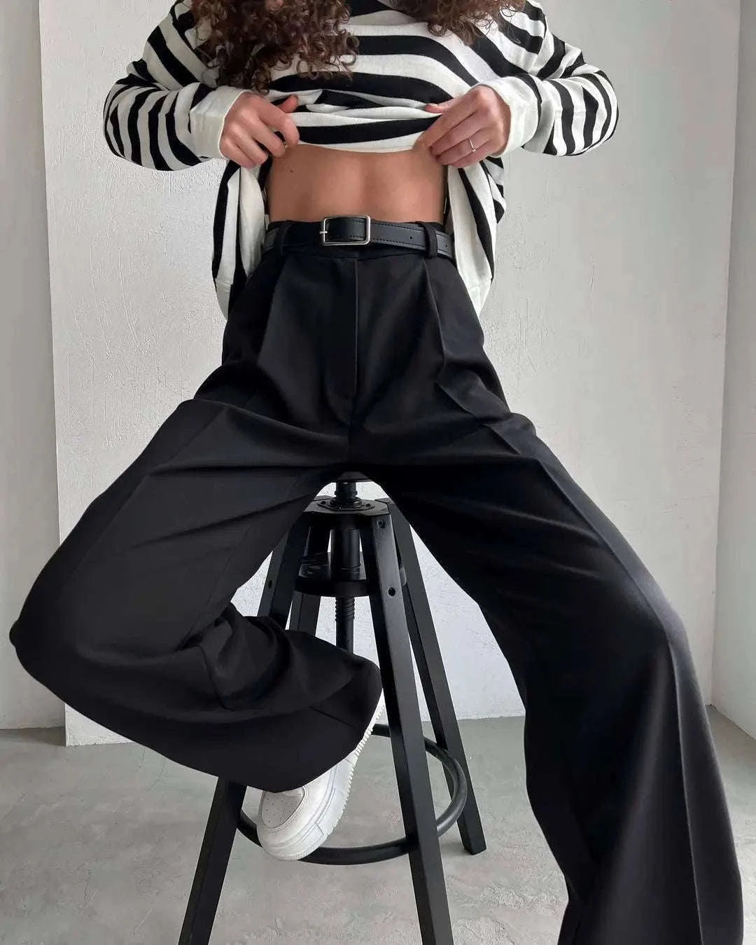 High Waist Pleated Wide Leg Work Pants with Pockets for Women-black / S