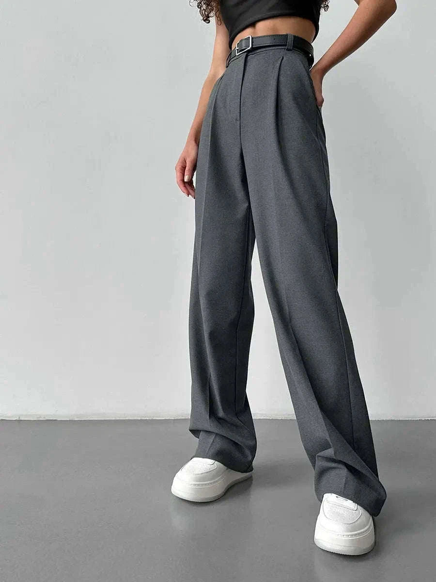 High Waist Pleated Wide Leg Work Pants with Pockets for Women-black / S