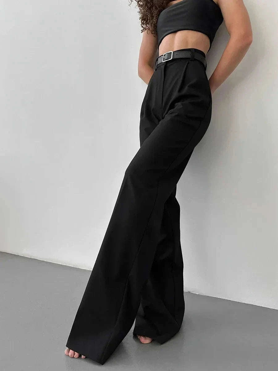High Waist Pleated Wide Leg Work Pants with Pockets for Women-black / S