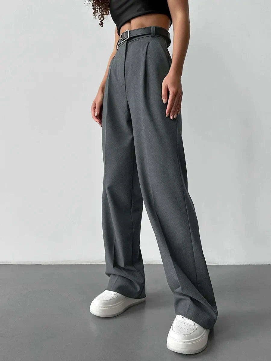 High Waist Pleated Wide Leg Work Pants with Pockets for Women-black / S